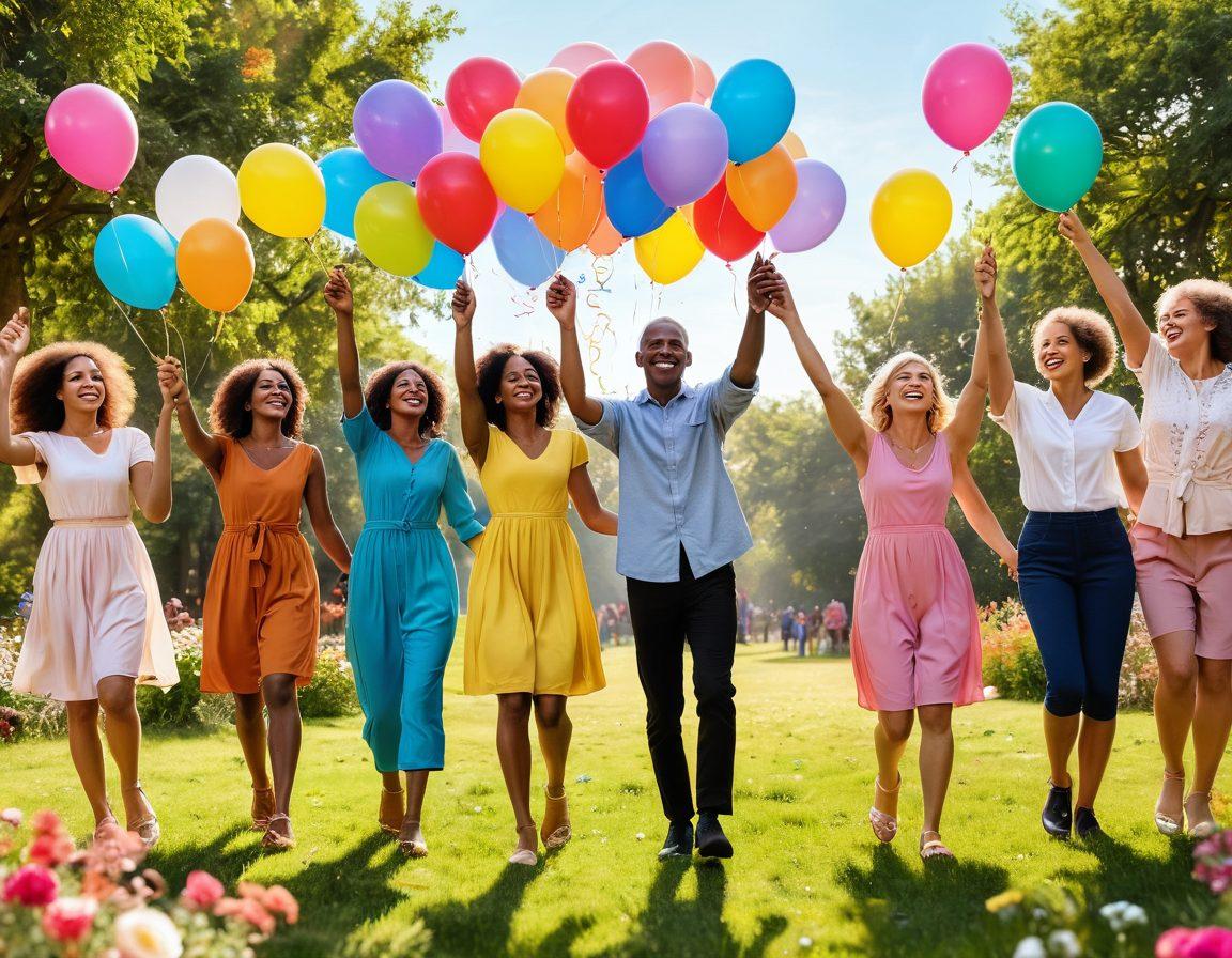 A diverse group of joyful people of various ages holding hands in a vibrant outdoor setting, surrounded by colorful flowers and greenery. Balloons and confetti float in the air, symbolizing celebration and togetherness. Soft sunlight bathes the scene, enhancing the cheerful atmosphere. Include motivational quotes subtly written in the background. bright colors. 3D.