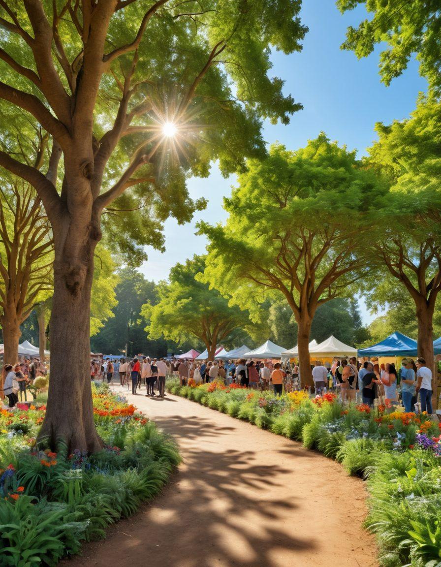 A vibrant community gathering in a lush park, showcasing diverse people of all ages engaging in joyful activities, such as planting trees, sharing stories, and participating in art projects. Colorful banners and decorations create a festive atmosphere, with sunshine filtering through trees, symbolizing growth and connection. In the background, a mural paints a picture of harmony among nature and society. super-realistic. vibrant colors. 3D.