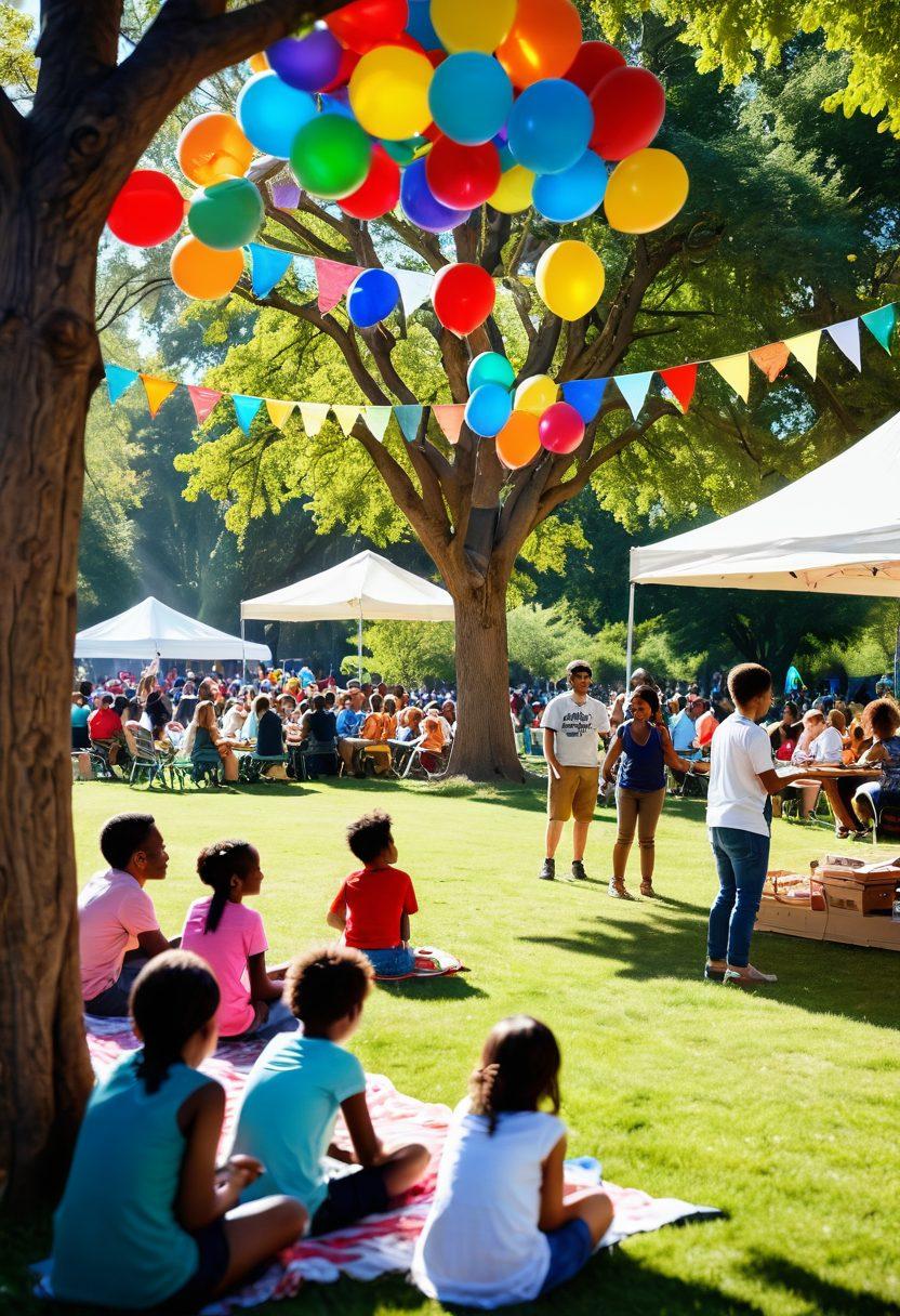 A vibrant gathering of diverse people in a sunny park, sharing laughter and joy, surrounded by balloons and colorful banners promoting community engagement. Children playing with volunteers, a picnic setup with delicious food, and artwork showcasing the initiative’s mission. Sunlight filtering through trees, creating a warm atmosphere. super-realistic. vibrant colors. cheerful ambiance.